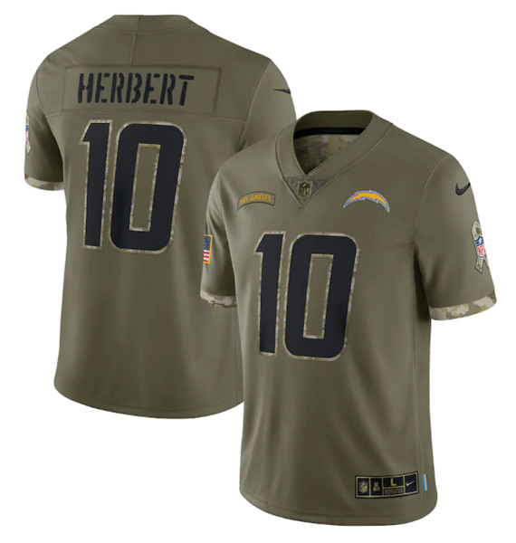 Men's Los Angeles Chargers #10 Justin Herbert 2022 Olive Salute To Service Limited Stitched Jersey